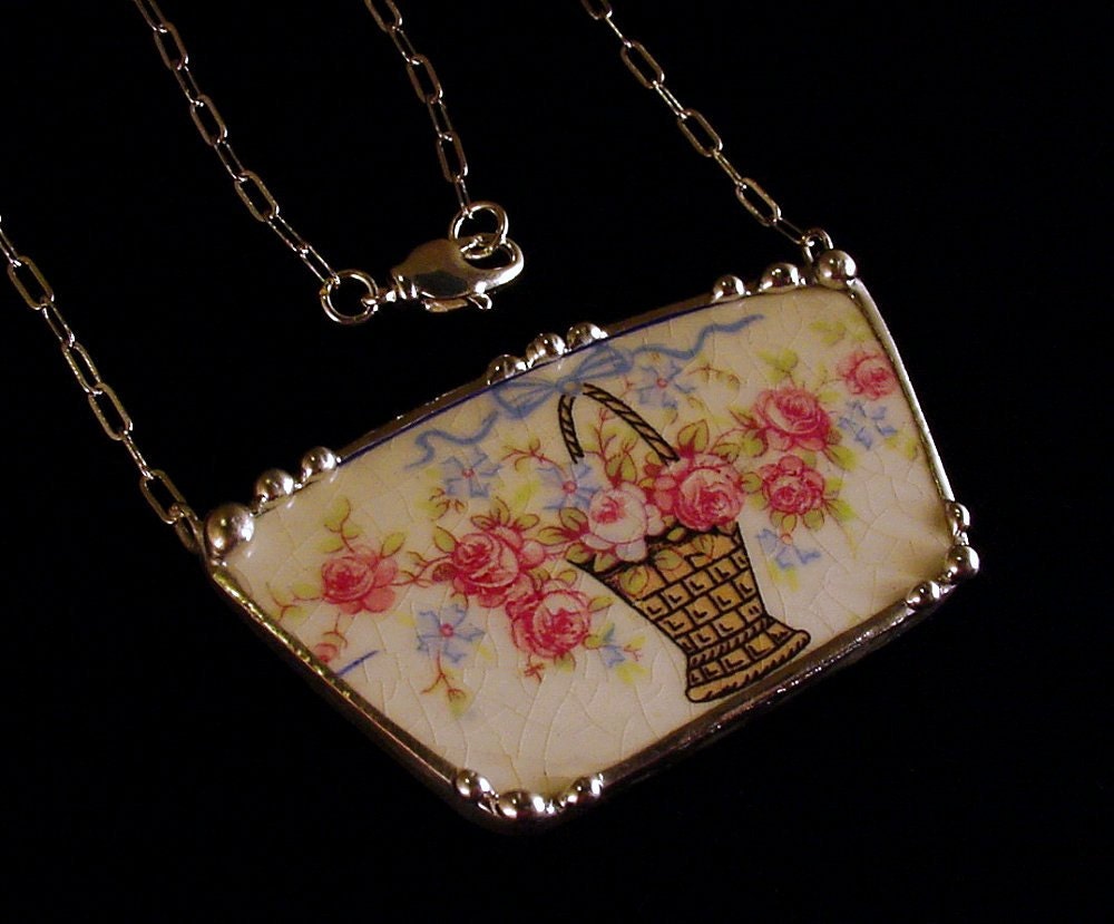 Broken china jewelry necklace vintage basket of pink roses made from a broken plate