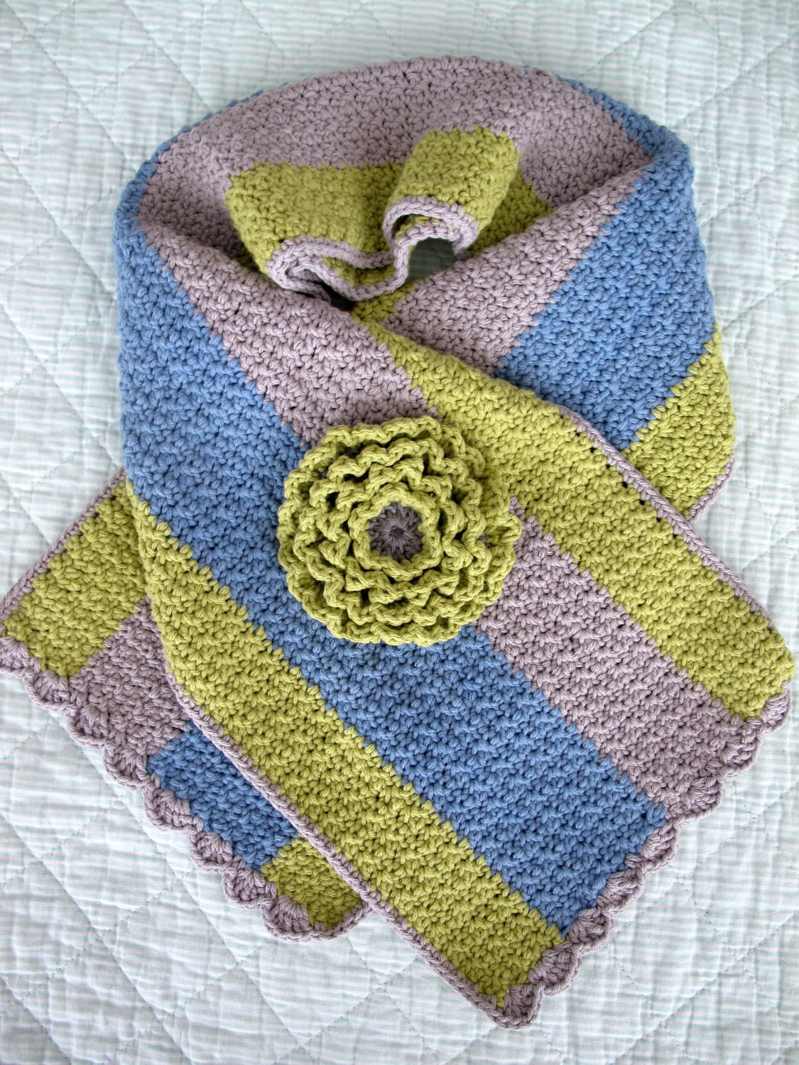 Crochet scarf striped in green grey and blue