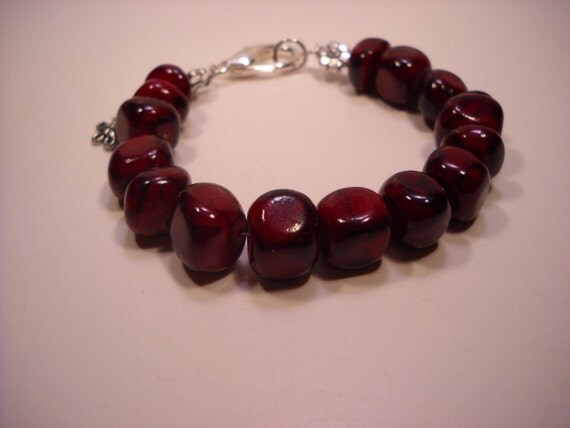 Beaded Bracelet, Red Jade, Silver Accents, Deep Red Color, Fits Average Wrist, Flower Dangle