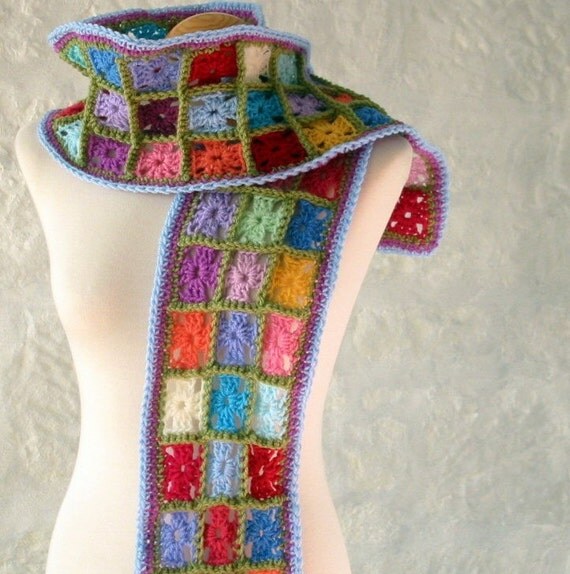 Retro Multi Coloured Magic Tiny Bijou Granny Squares Crochet Scarf Wrap