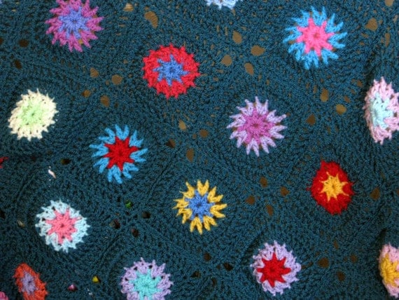 Teal Starburst Retro Style Granny Square Crochet Blanket Pattern PDF