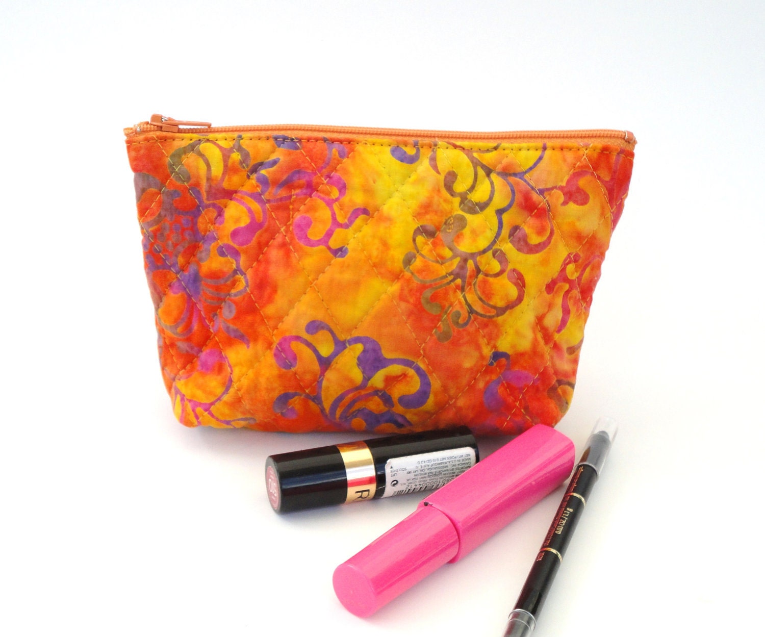 Cosmetic Makeup Bag Pink Orange Batik Swirls