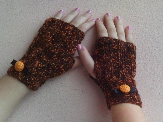 Halloween Knitted wrist warmers black and orange-ooak