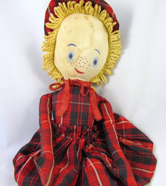 Vintage Cloth Doll in Red Plaid Dress Yarn Hair
