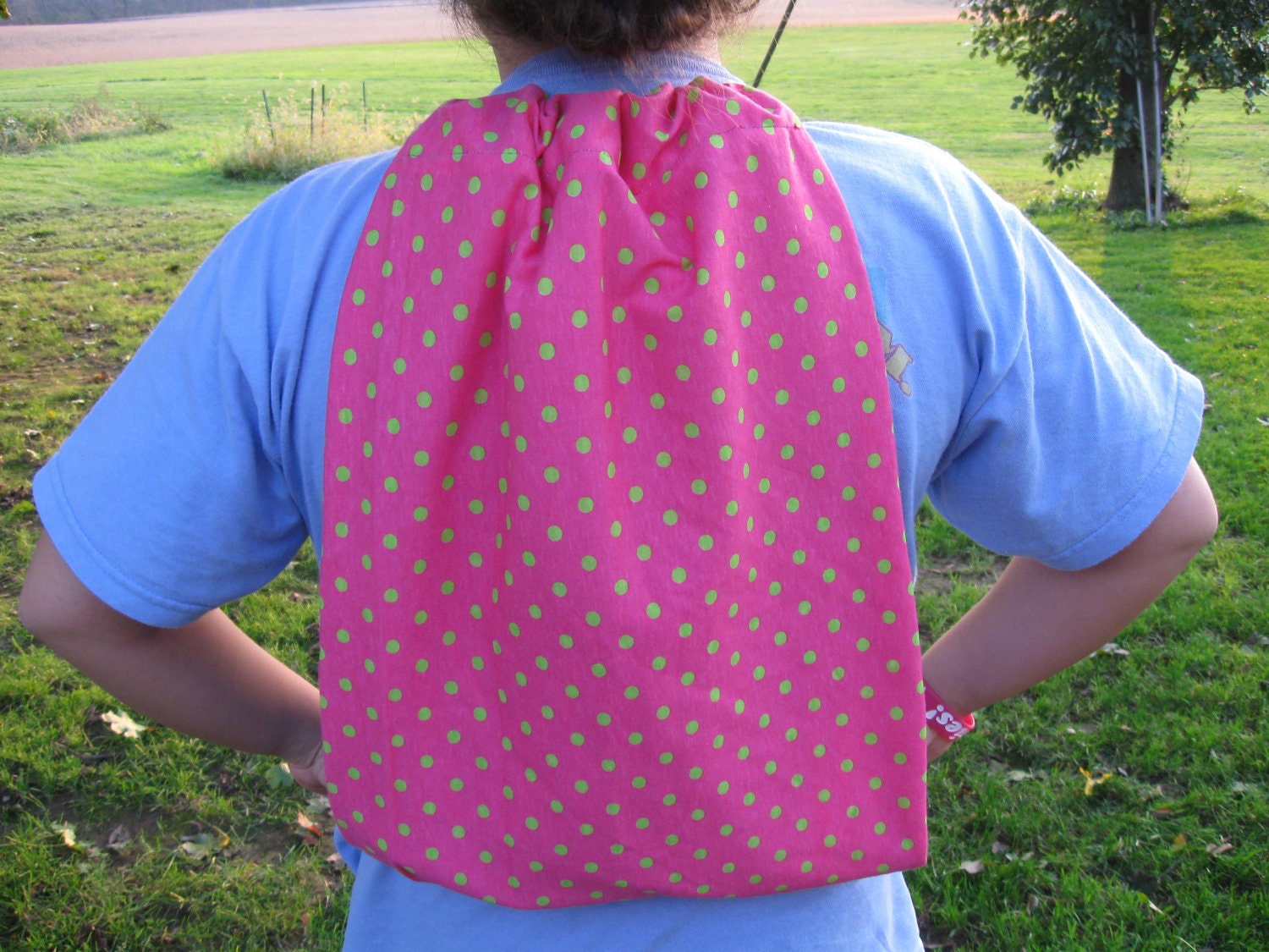 SALE Polka Dot Pink and Green Back Pack Gym or Tote Back Bag Jersey Material