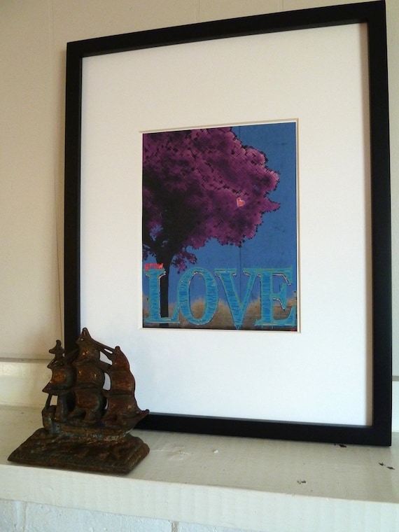 Wall Art Typography PRINT, Inspirational Wall Art PRINT, Grow Love Tree PRINT in Fuschia and Blue- Valentine's Day Gift