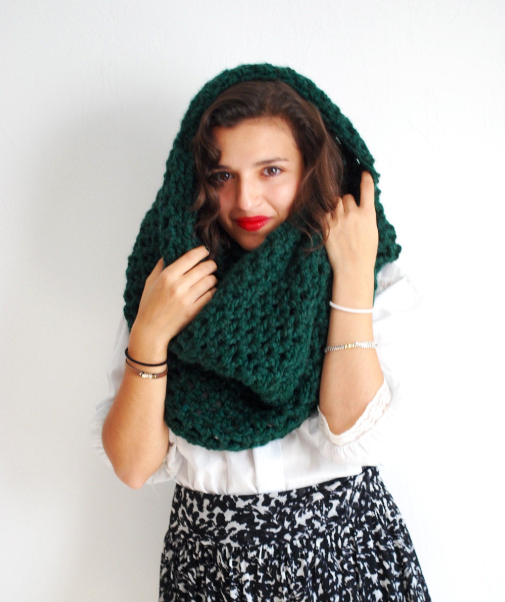 Green hand knit large cowl scarf in emerald