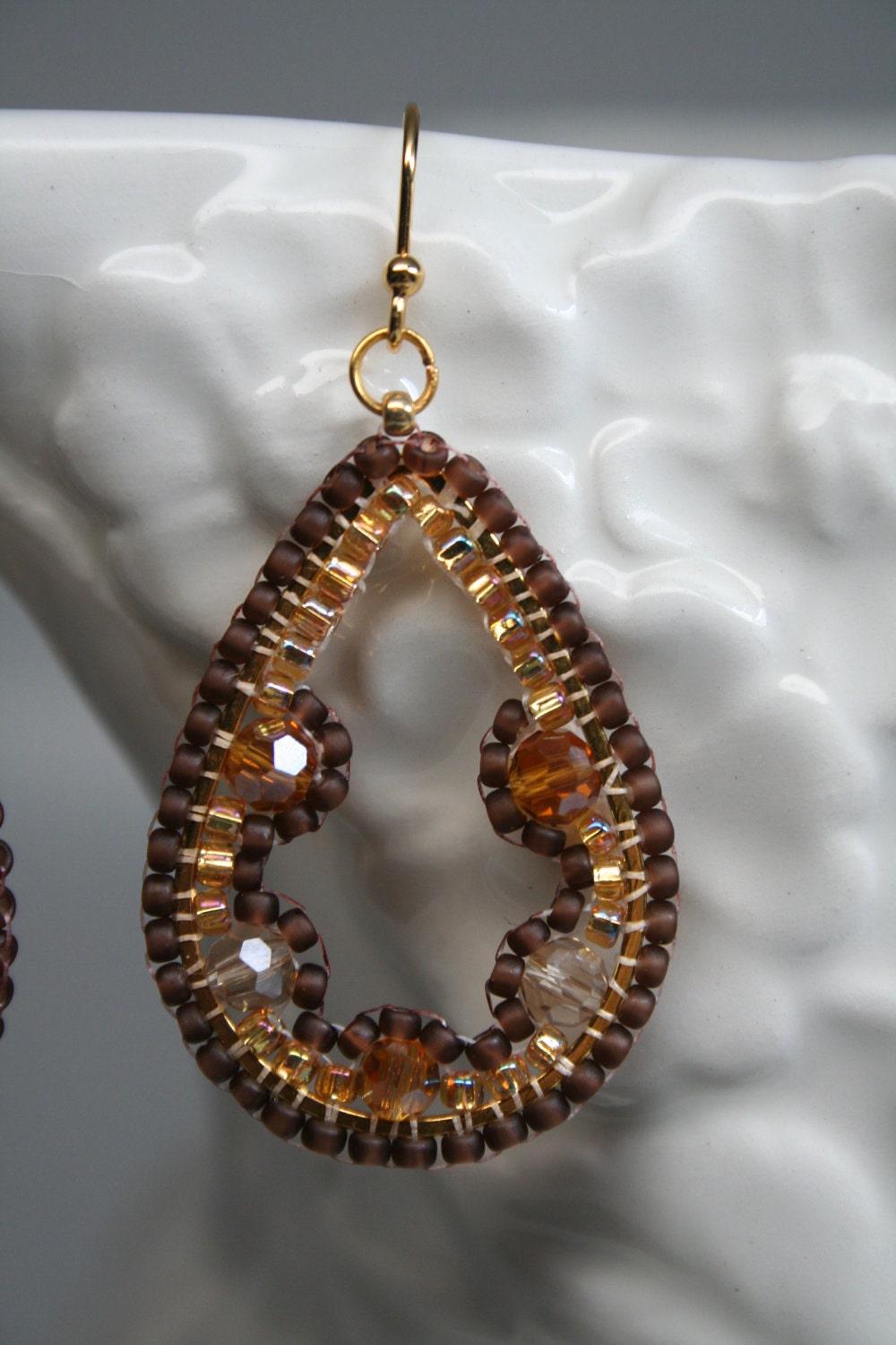 Golden Champagne Topaz Seed Bead Embroidered Mosaic Tear drops