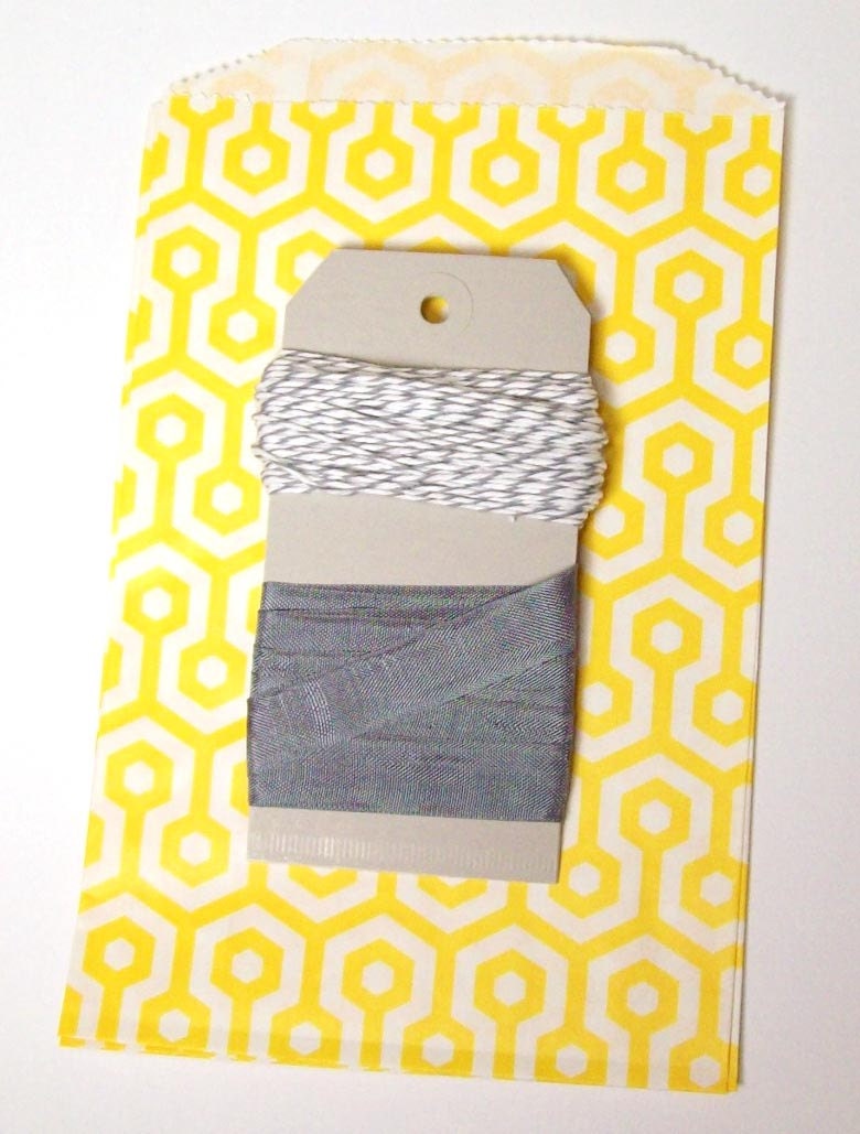 Yellow and Grey Honeycomb bag, Twine, and Seambinding set with grey tags