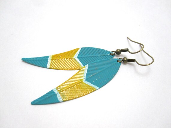 painted turquoise feather earrings