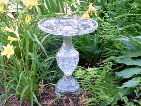 Classically beautiful birdbath garden art from repurposed glass.  Upcycled art.  "The Audrey" is repurposed glass art.