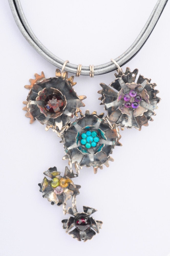 Turquoise, Zircon, Garnet, Leather and Silver Necklace - "Carnation Bouquet"