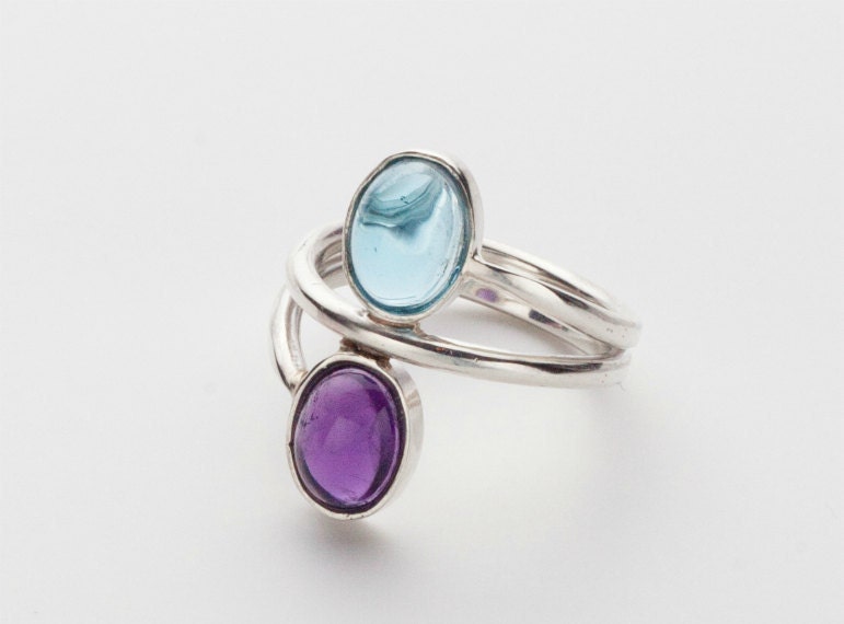 Blue Topaz and Amethyst Sterling Silver Ring - Size 7