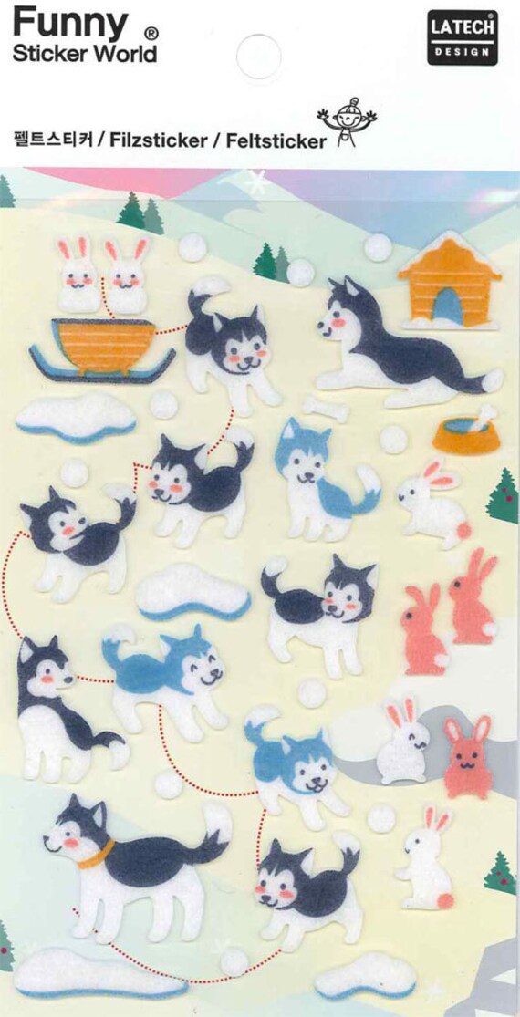 Korean Scrapbook Die-cut Felt Stickers, Happy Huskys and rabbits (STSM03040)