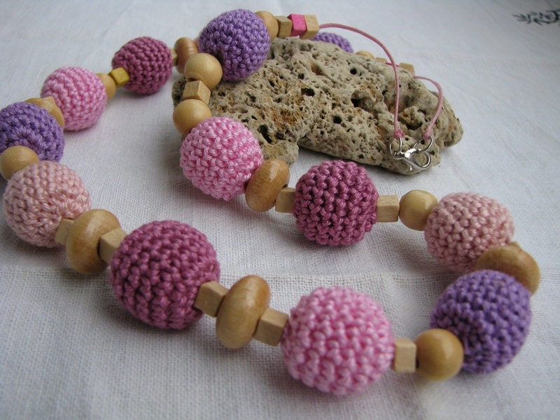 Crochet necklace in pastel colors - pink, sorbet, purple and bordeaux color