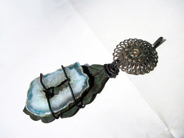 A Flowering of Intentions. Victorian Tribal Rustic Antique Cut Button, Leaf and Druzy Geode Slab.