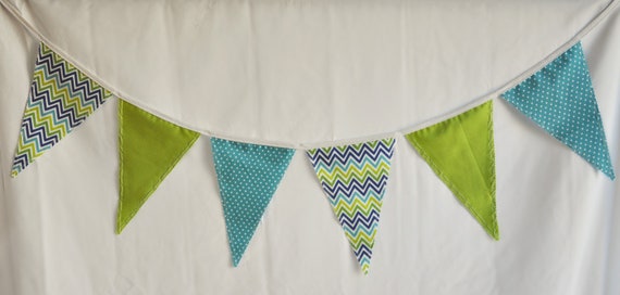 Whimsical Fabric Banner in Green, Blue, and Colorful Chevron Print
