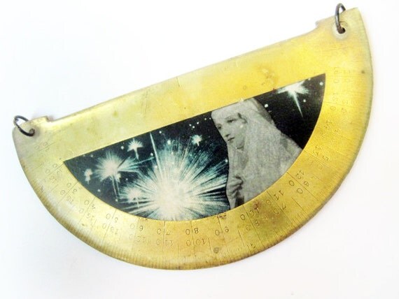 Maid of Vast Distances. Cosmic Rustic Ephemera and Resin Pendant with Brass Protractor.