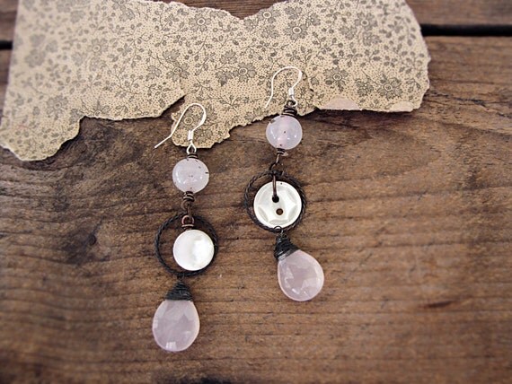 Dawn of Heaven - rose quartz earrings - antique buttons - artisan made - salvage bohemian bride