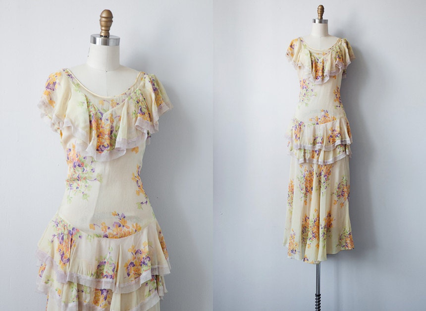 vintage 1930s dress / vintage 30s tiered floral gown / vintage 1930s garden silk gown