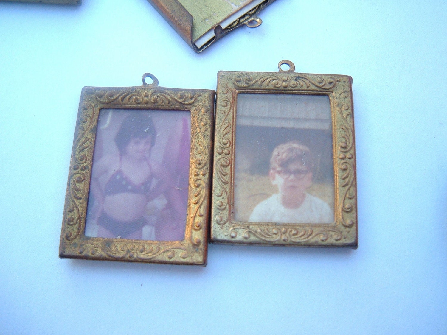 Vintage photos inside of metal charm frames lot of 5