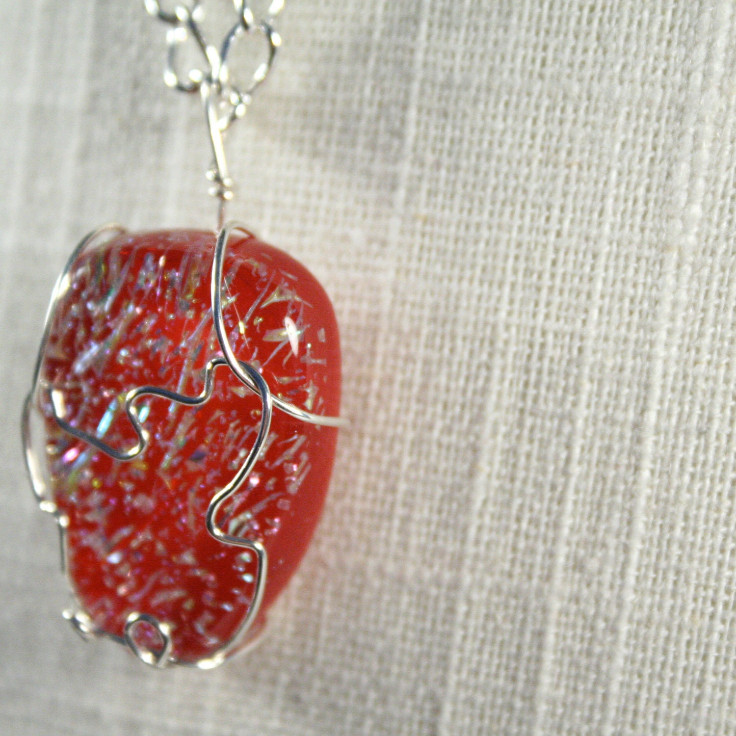 Necklace: Red strawberry glass with wire wrap, Watermelon necklace, strawberry necklace, Red Necklace, Summer Necklace