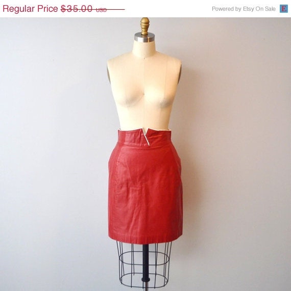 HOLIDAY SALE Vintage Hot Red high waisted LEATHER Skirt size small waist 26"