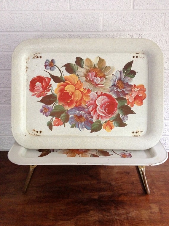 Vintage Floral Painted Serving/ Breakfast in Bed / TV Tray