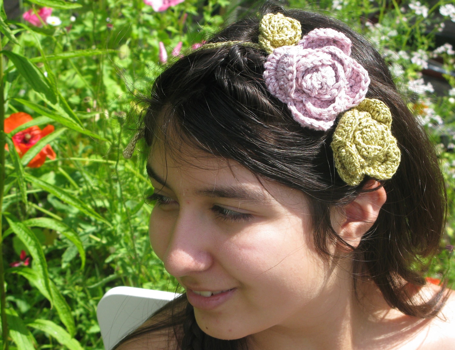 A Rose is a rose III headband or necklace in delicate pink and olive shades