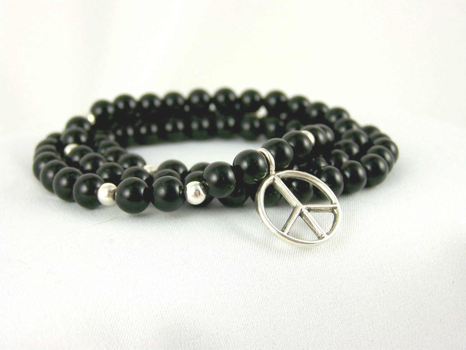 Stretch Bracelet, Black Onyx Necklace with Sterling Silver Peace Charm, Meditation Bracelet, Stretchy Bracelet