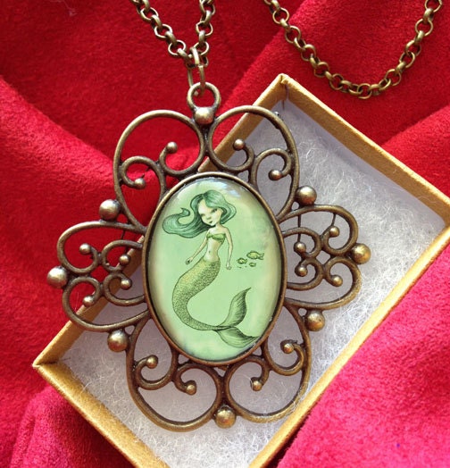 Sweet Little Mermaid Fairytale Art-Fantasy Antique Pendant