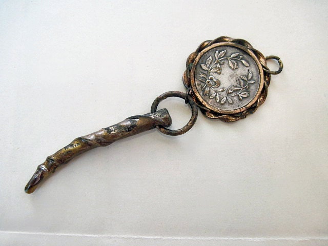 Lady. Victorian Tribal Rustic  Double sided Medal Pendant with Dagger.