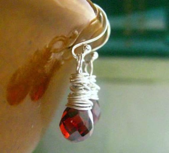 Red Garnet Earrings.  Sterling Silver. Wire-Wrapped Teardrop Gemstones. Strawberry Wine