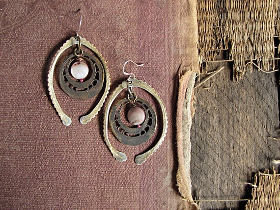 Moon Gate - rustic assemblage earrings - eco friendly - hammered metal - vintage stampings - tribal sci fi
