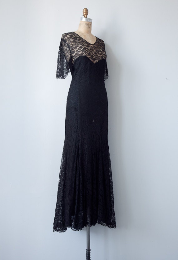 vintage 1930s dress / vintage 1930s black lace gown / vintage 30s formal party black dress