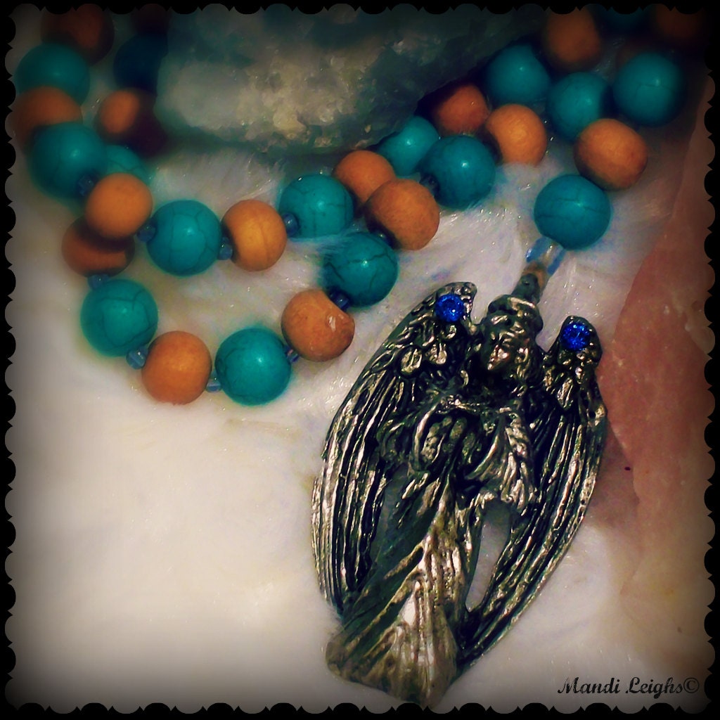 Guardian Angel Turquoise and Sandalwood Rosary Prayer Necklace