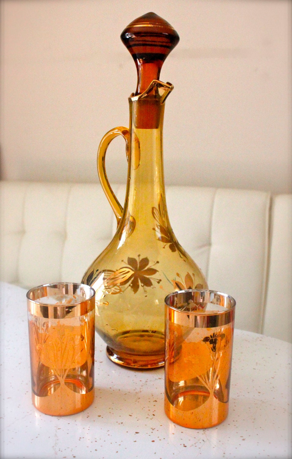 Vintage Amber Glassware Decanter and Matching Glasses