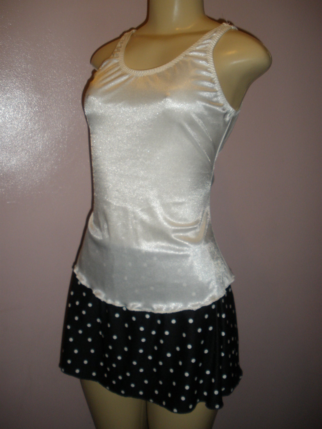 Cute 2 Piece Cream White Top with Black and White Polk A Dot Skirt Swim Suit Cover Up Size Meduim