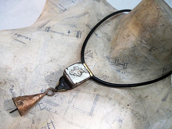 Our Love of Emptiness. Urban Primitive Rustic Choker with Pyrite Cube and Tribal Bell.