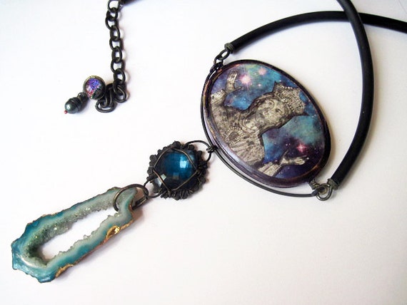 The Virgin of Empty Eternities. Cosmic Victorian Tribal Pendant Necklace with Druzy, Virgin Mary, Galaxy Nebula.