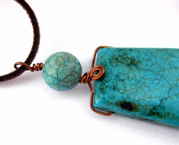 Long Turquoise Stone Pendant Copper Wrapped. Adjustable Necklace. Blue and Brown. Temptress