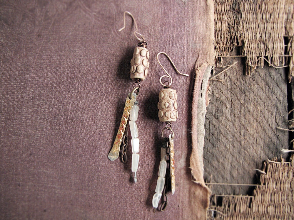 Pillars of gold - rustic metal earrings - artisan assemblage - ceramic and moonstone