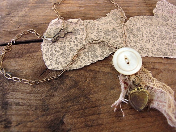 prosperity - shabby romantic necklace - antique button - vintage fabric scraps - eco friendly jewelry