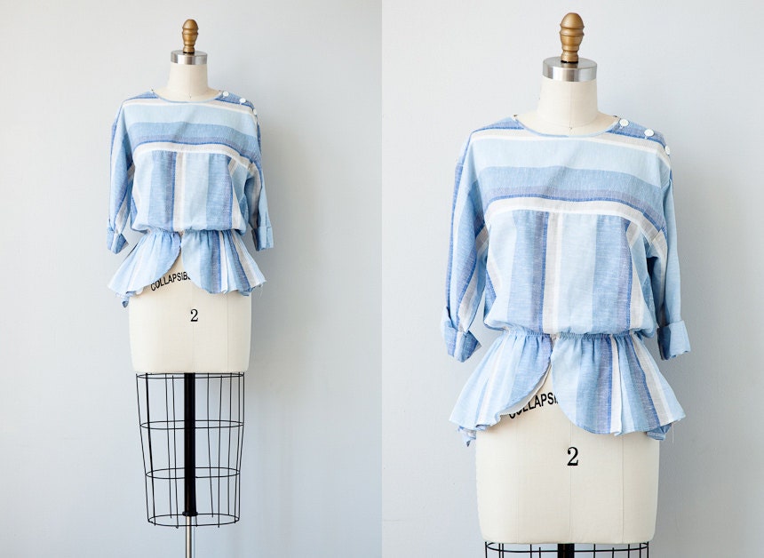 vintage 1980s blouse / vintage peplum blouse / vintage striped 80s blouse / 80s top