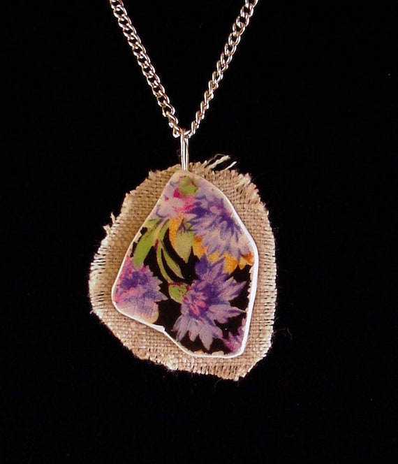 Broken china jewelry shard and linen pendant necklace antique Royal Winton Majestic chintz