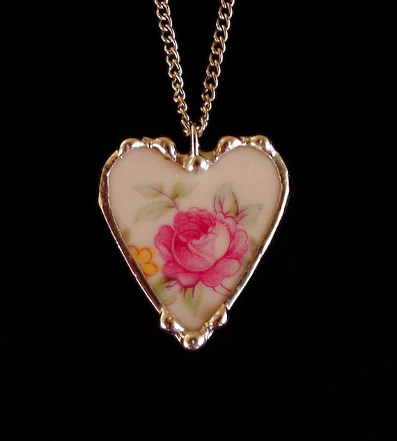 Antique pink rose porcelain china broken china jewelry heart pendant necklace