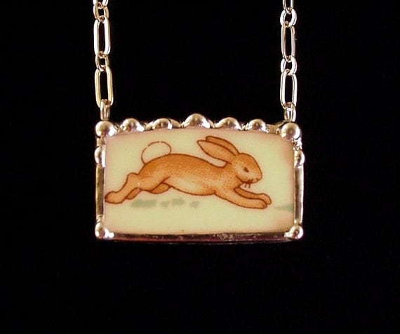 Bunnykins running bunny broken plate broken china jewelry rectangular necklace
