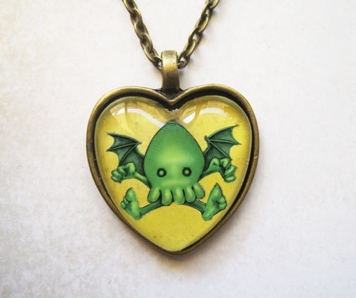 Cute Cthulhu Necklace, Heart Shaped Bronze,  Antique Glass Pendant