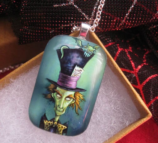 Gothic Mad Hatter, Alice in Wonderland Necklace-Glass Pendant