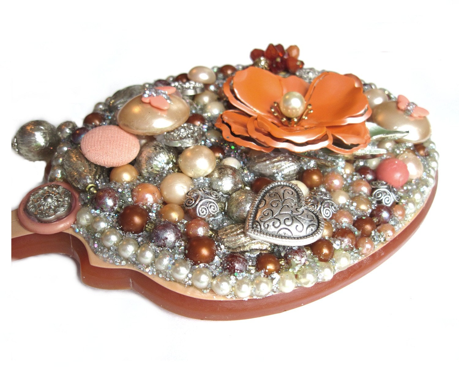 Hand Mirror, Decorative Jeweled Art Mirror, Radiant Reflections, Lustrous Mirror, Peach Blossom Floating In a Sea Of Silvery Pearls